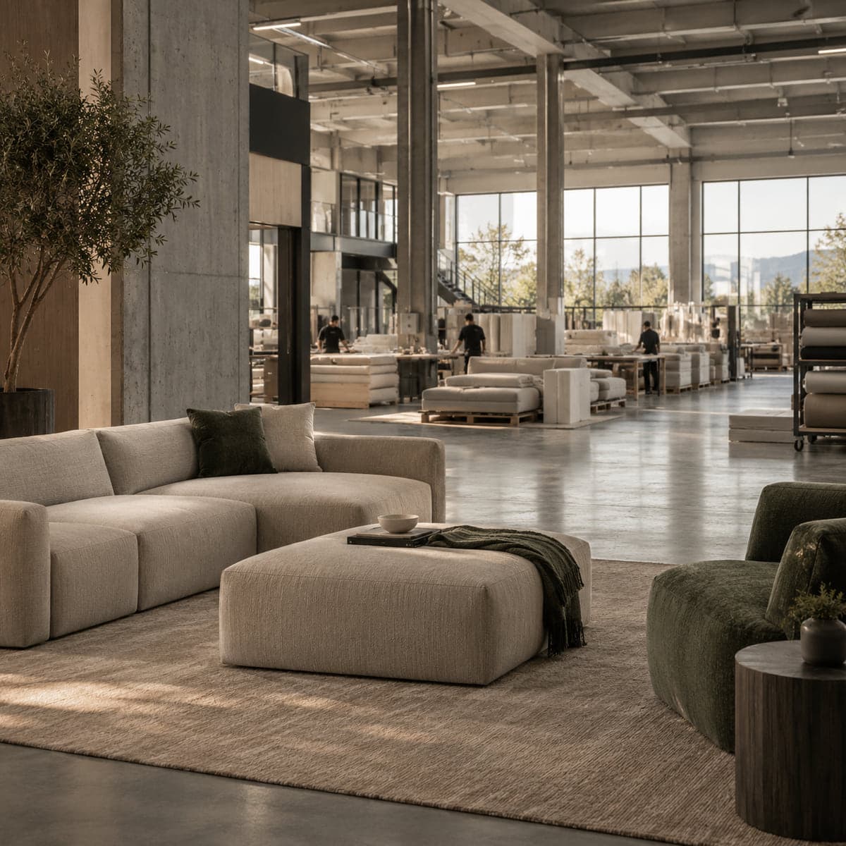 Furniture production floor with cream sofas on pallets and specialists working between the bays