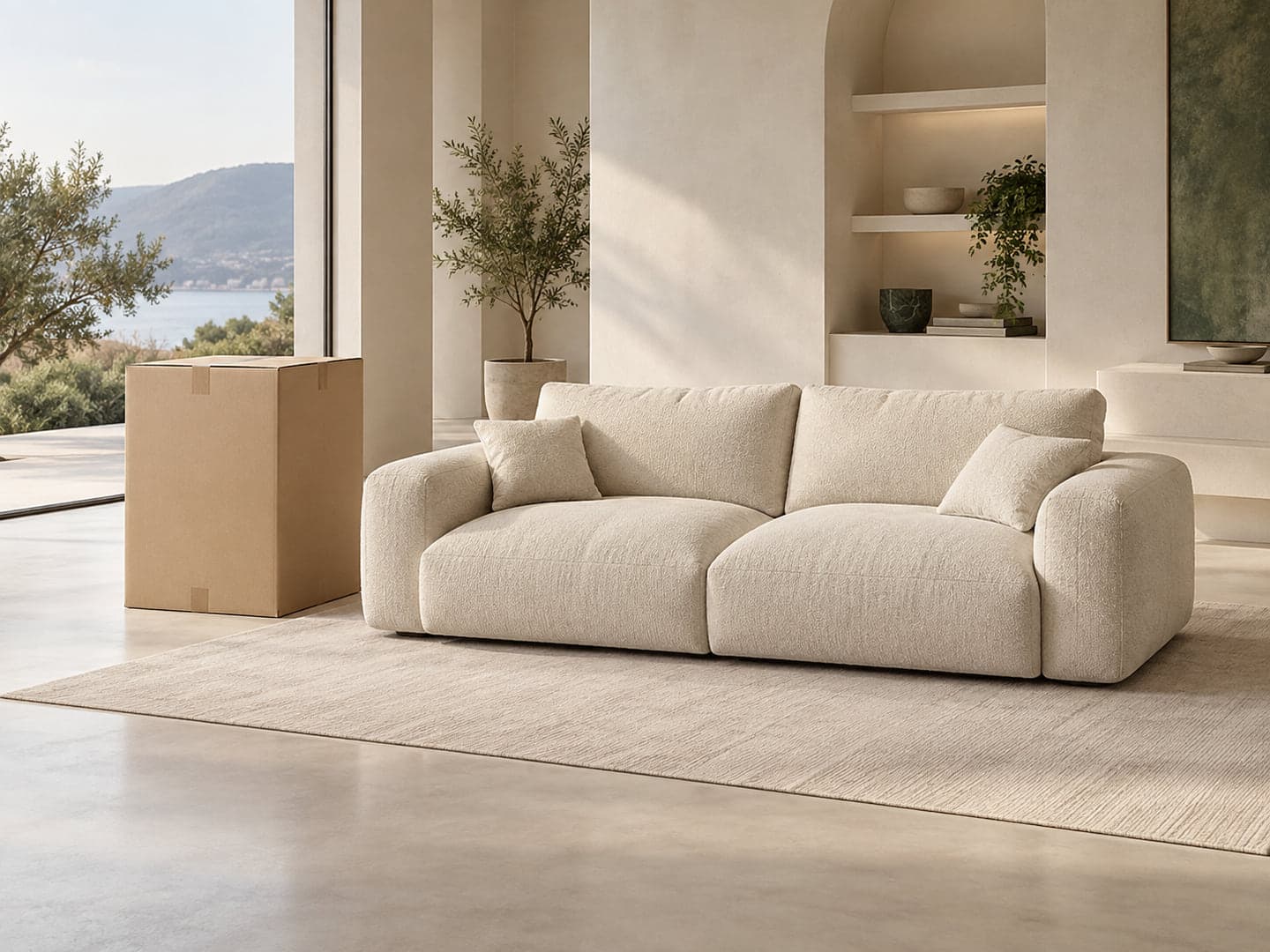 Cream compressed sofa assembled beside its export carton in a bright living room