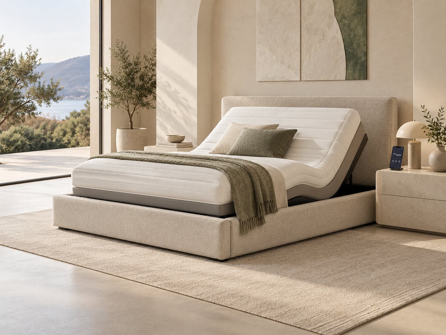 Adjustable smart bed with the mattress articulated and the app controller on the nightstand