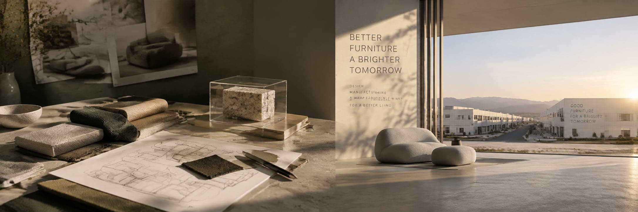 Wide furniture showroom and manufacturing campus at golden hour
