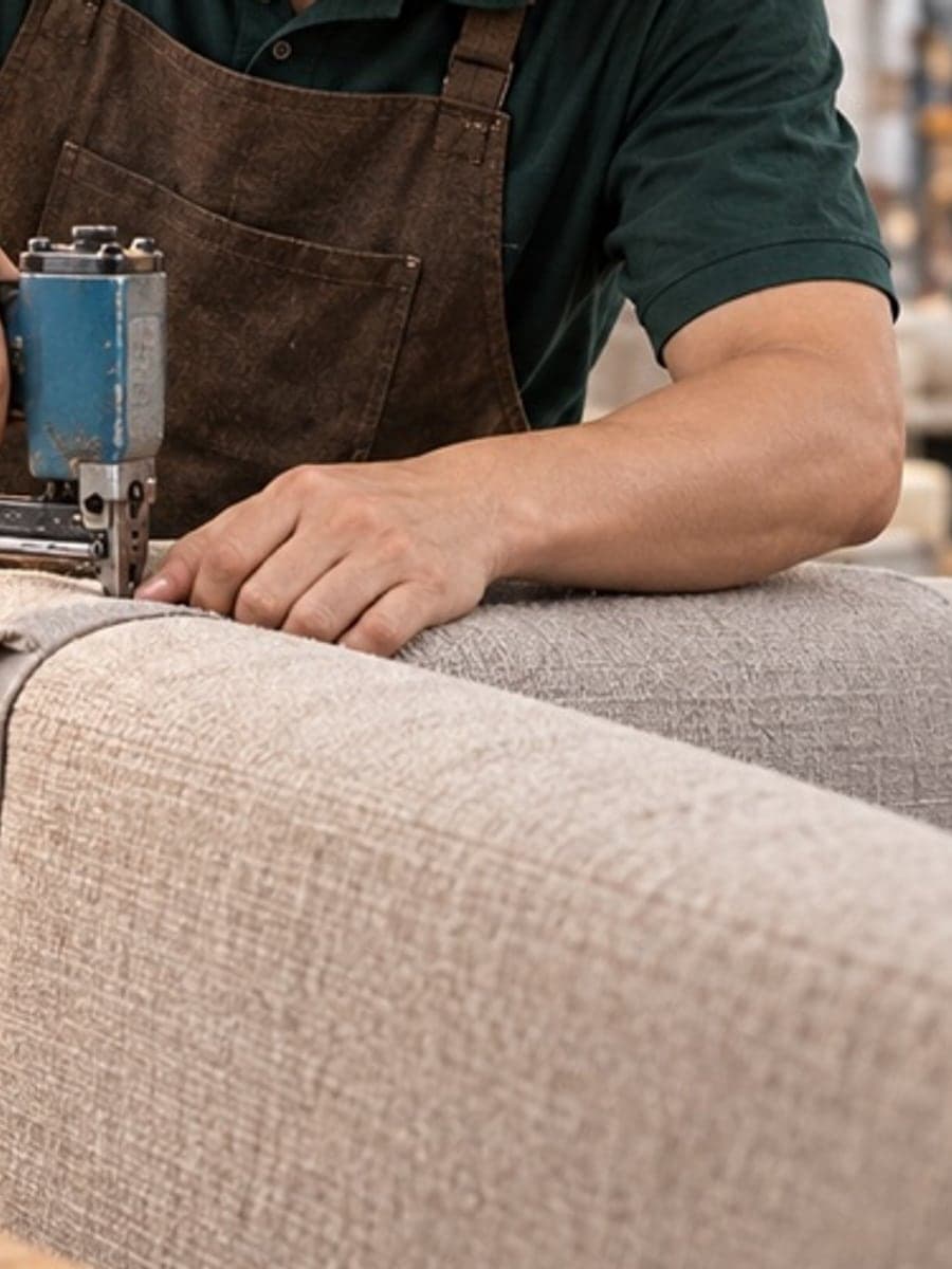 Upholsterer fixing a cover to a sofa frame with a pneumatic stapler on the LVANJU production floor