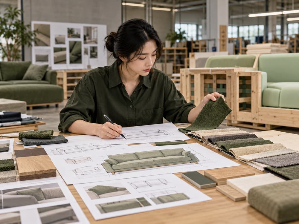 LVANJU designer annotating a sofa technical drawing beside upholstery swatches and timber samples