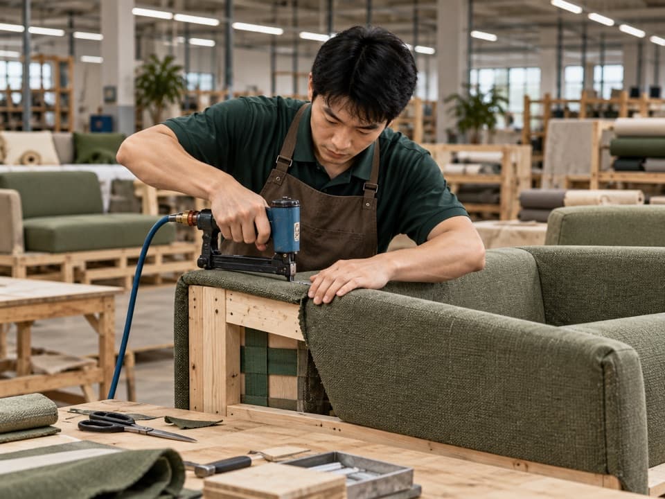 Upholsterer stretching green fabric over a timber sofa frame before fixing it in place