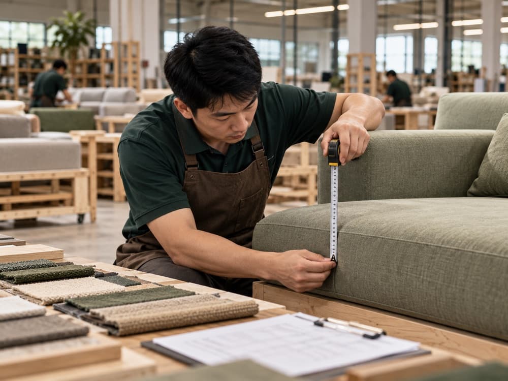 Quality specialist measuring the arm height of an upholstered sofa against a signed specification