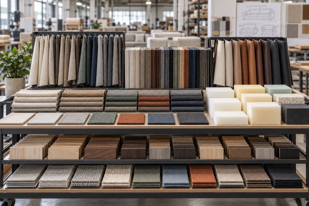LVANJU material library with hanging upholstery swatches, foam grades, timber samples and a sofa drawing