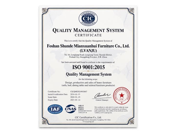 ISO 9001:2015 quality management system certificate for Foshan Shunde Mianxuanhui Furniture Co., Ltd. (LVANJU), certificate no. CICQMS2024015687, valid to 2027-01-14