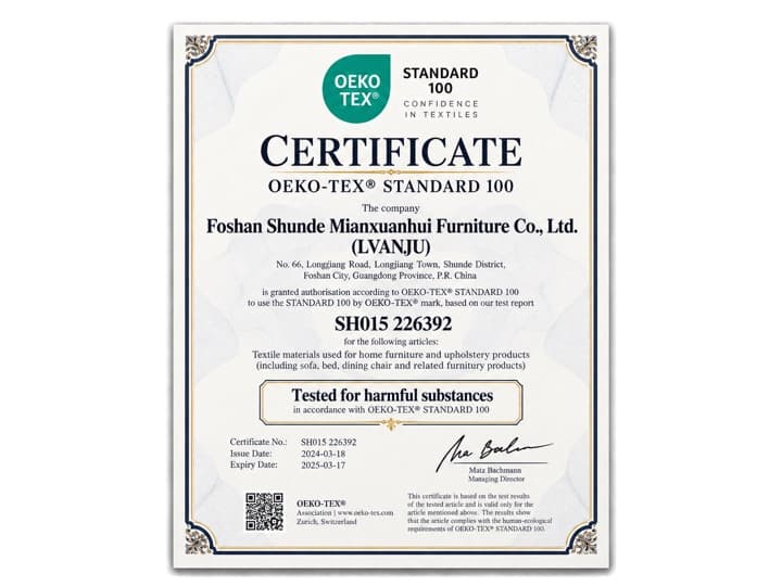 OEKO-TEX Standard 100 certificate for Foshan Shunde Mianxuanhui Furniture Co., Ltd. (LVANJU), certificate no. SH015 226392