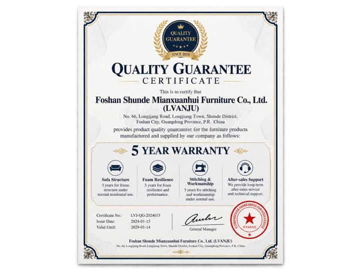 LVANJU quality guarantee certificate: 5 year warranty covering sofa structure, foam resilience, stitching and after-sales support, certificate no. LVJ-QG-2024015, valid to 2029-01-14