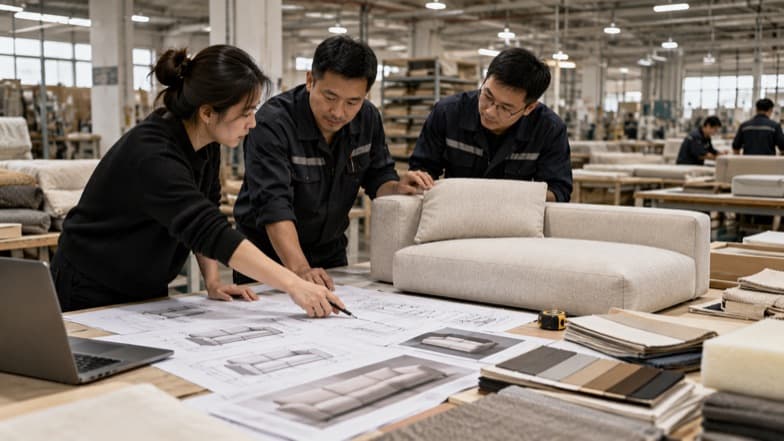 Product team reviewing upholstery drawings and a fabric sample beside a compressed sofa under review