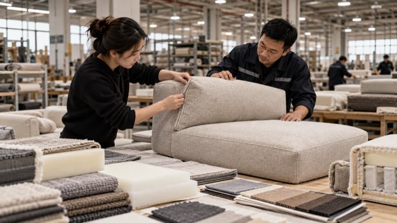Sample review: comparing a fabric swatch against the foam and cushion build on a sample table