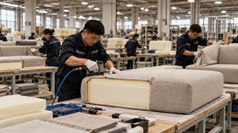 Upholstering a seat cushion on the production floor with a pneumatic staple gun