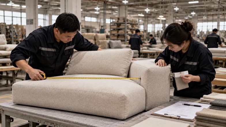 Quality inspection: measuring a sofa seat against the approved specification sheet