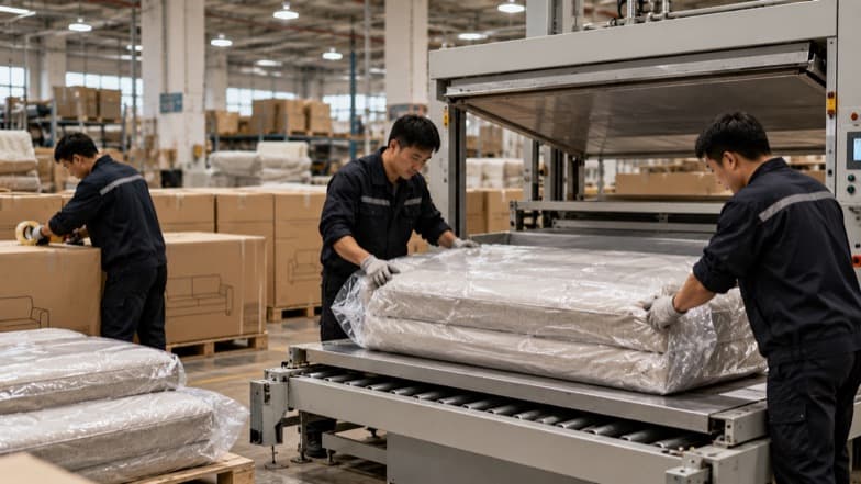 Vacuum compression and export carton packing at the end of the line