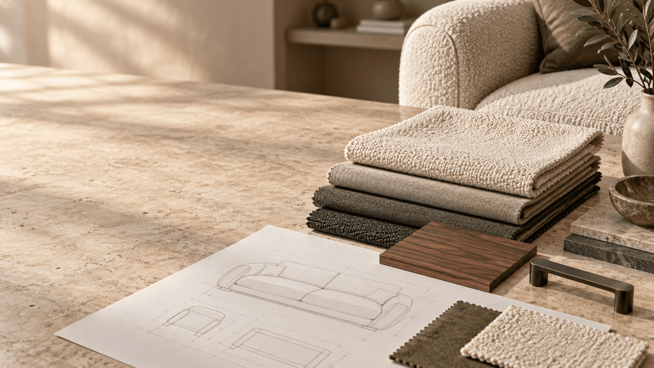 Upholstery, timber and metal finish samples arranged beside a furniture technical drawing