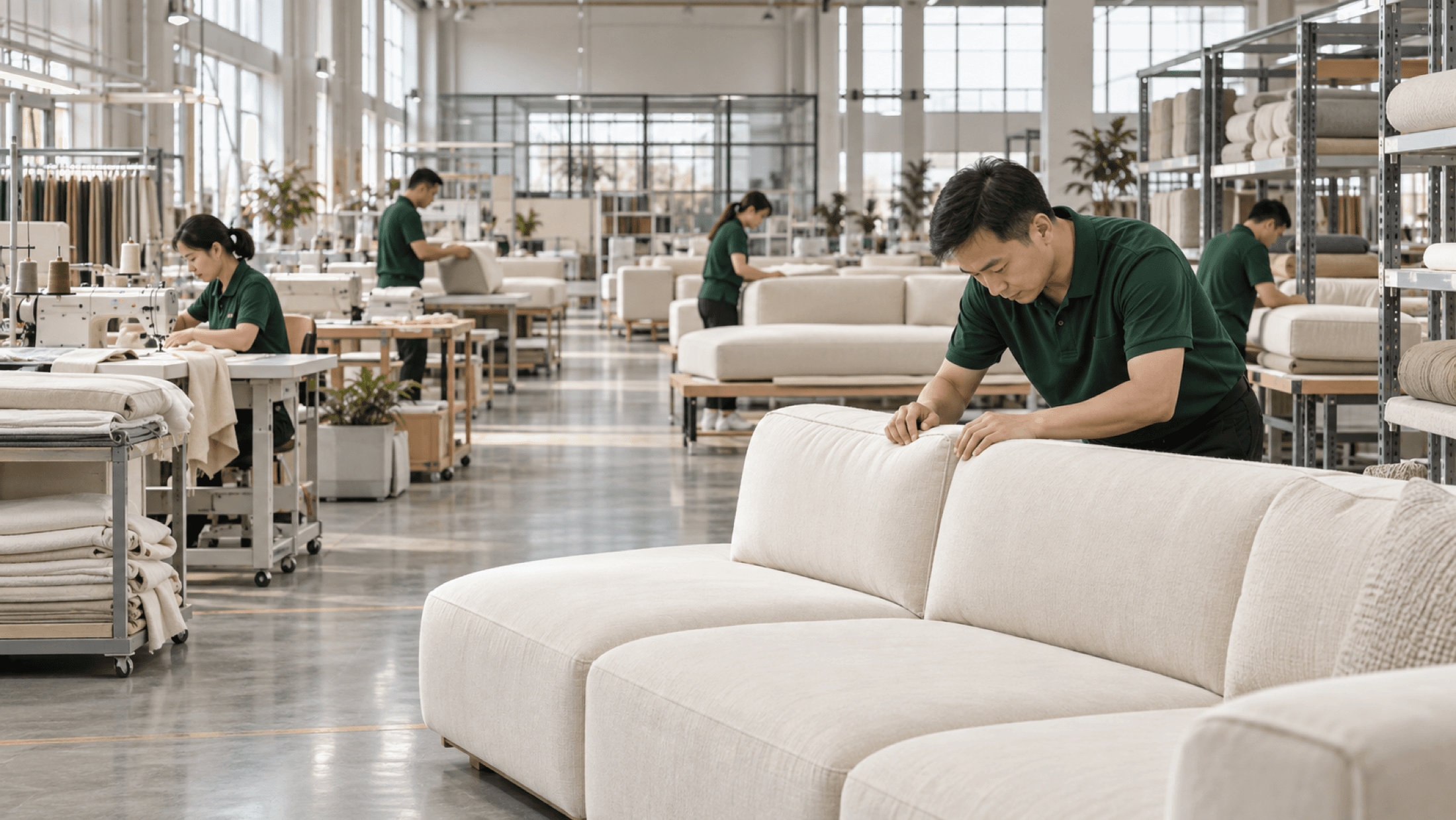 Furniture specialists inspecting cream upholstered sofas on the LVANJU production floor