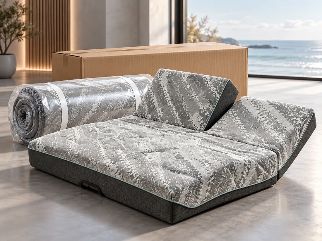 Foldable smart mattress beside its rolled and vacuum-packed form, with the export carton behind