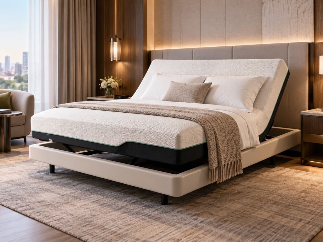Adjustable smart bed with the head section raised in a warm timber-panelled bedroom