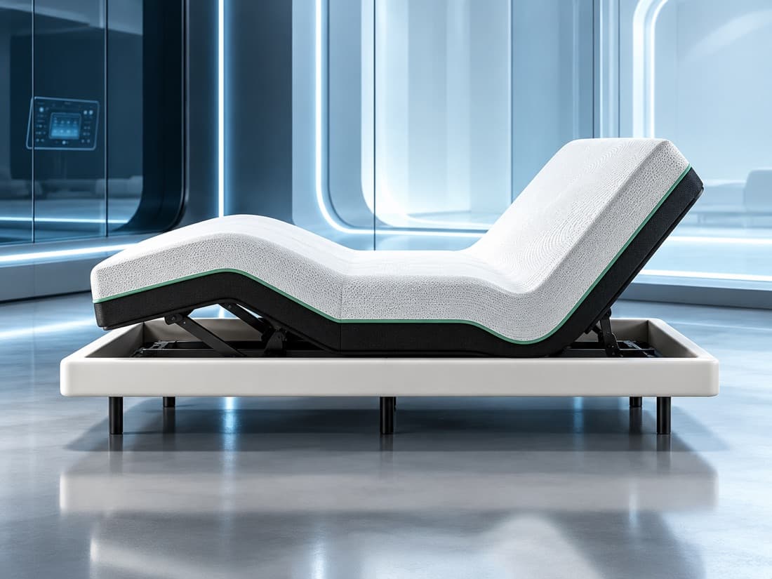 Smart sleep system shown in profile at a zero-gravity angle in a hospitality setting