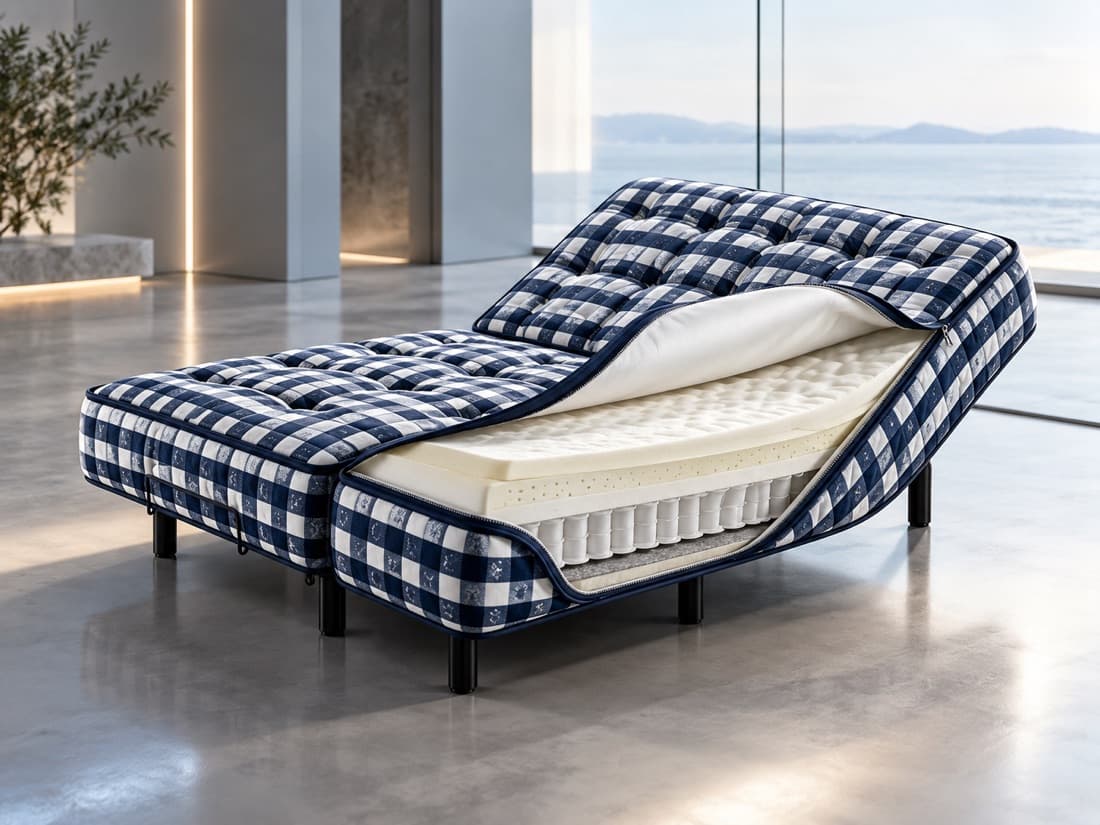 Smart mattress detachable cover opened to show the interchangeable comfort layer and pocket-spring core