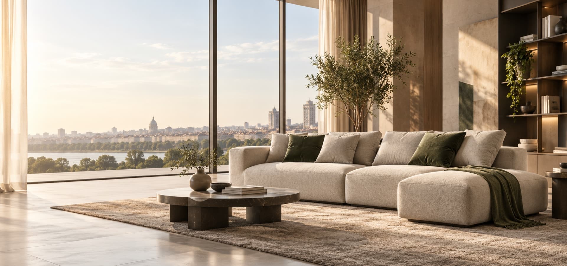 LVANJU modular sofa in a sunlit living room overlooking a city skyline through full-height windows