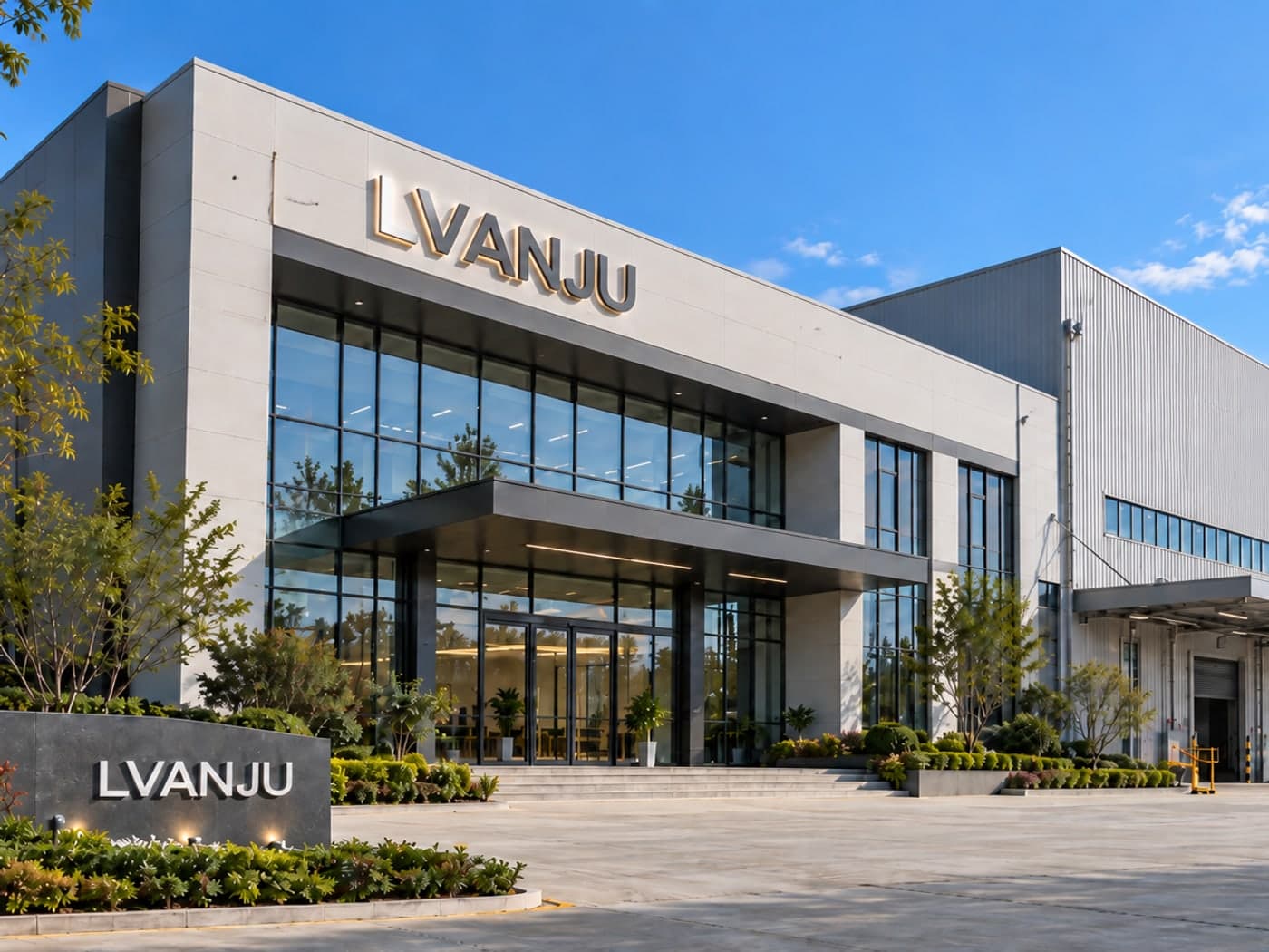 The LVANJU manufacturing base in Foshan, showing the glazed entrance, the facade wordmark and the loading bays